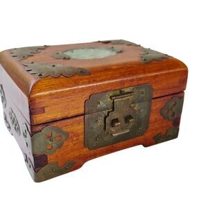 Vintage 1960s Asian Jewelry Box Brass Trim Red Silk Lining Likely Jade Inlay